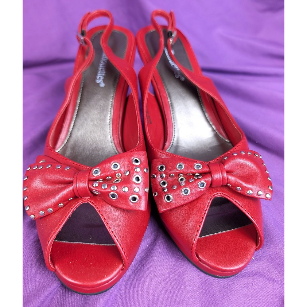 Silhouettes Red Faux Leather Slingback Heels Bow Detail 8.5 Punk/Goth Y2K 2007